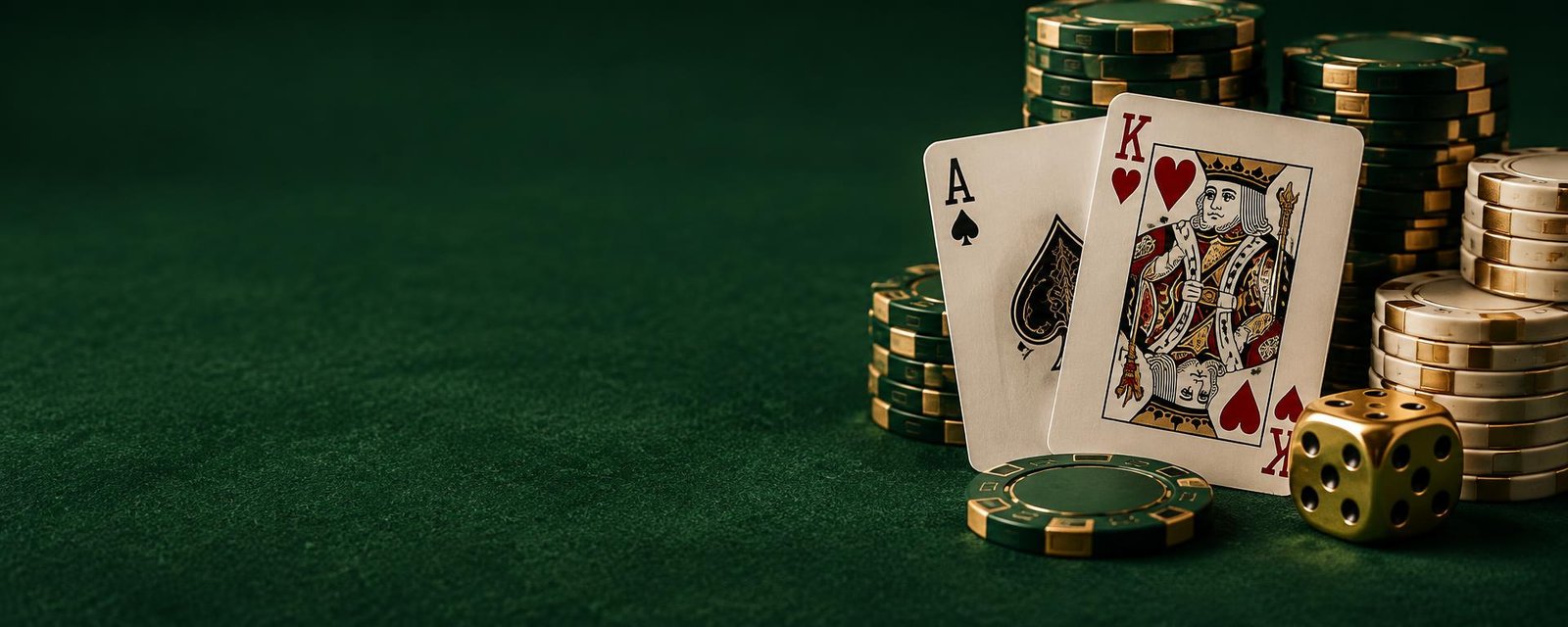 Playing cards, green casino chips, and a golden die on a casino table